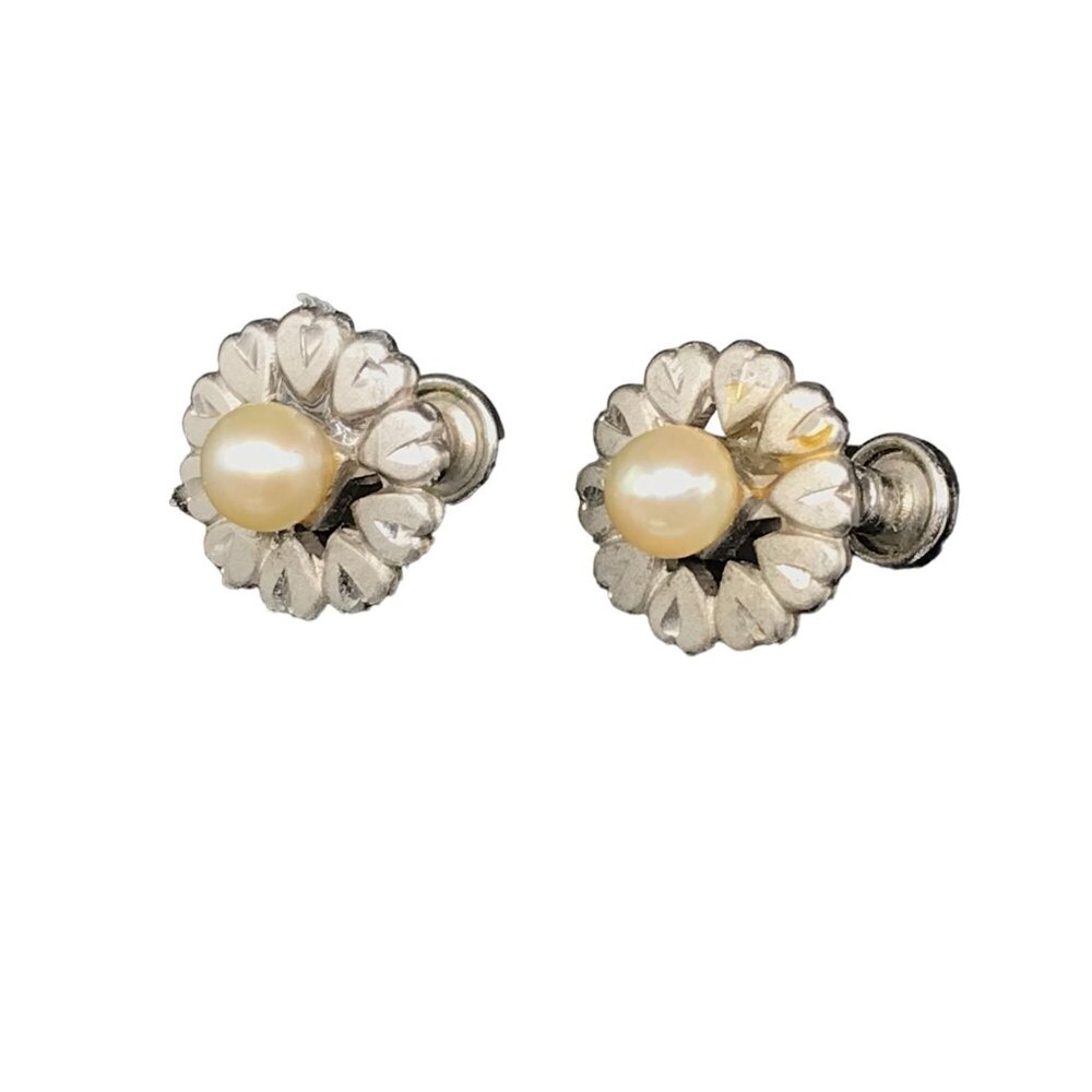 Vintage DB Sterling Pearl Earrings, Screw Back, Etched Silver Hearts Frame
